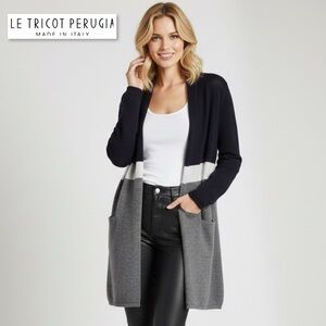 LE TRICOT PERUGIA 100% Cashmere Color Block Open Front Cardigan S Quiet Luxury
